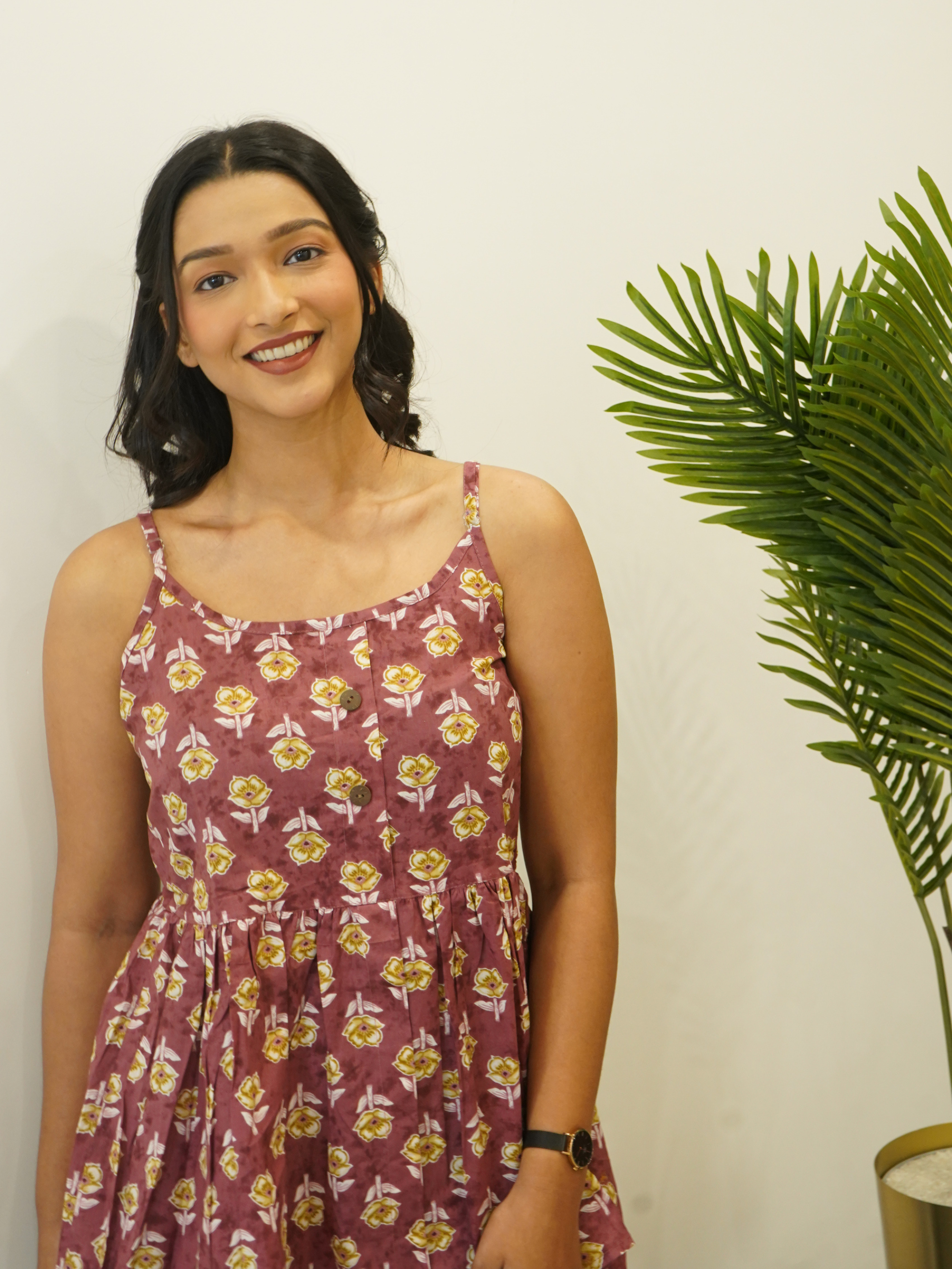 Burgundy Floral Print Cotton Sleeveless Top