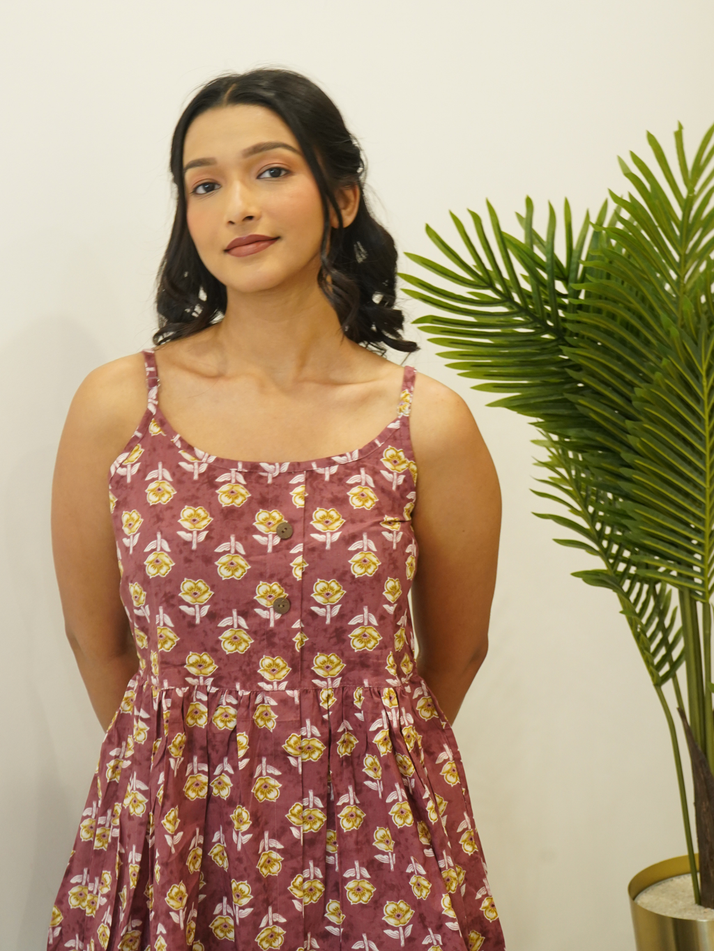 Burgundy Floral Print Cotton Sleeveless Top