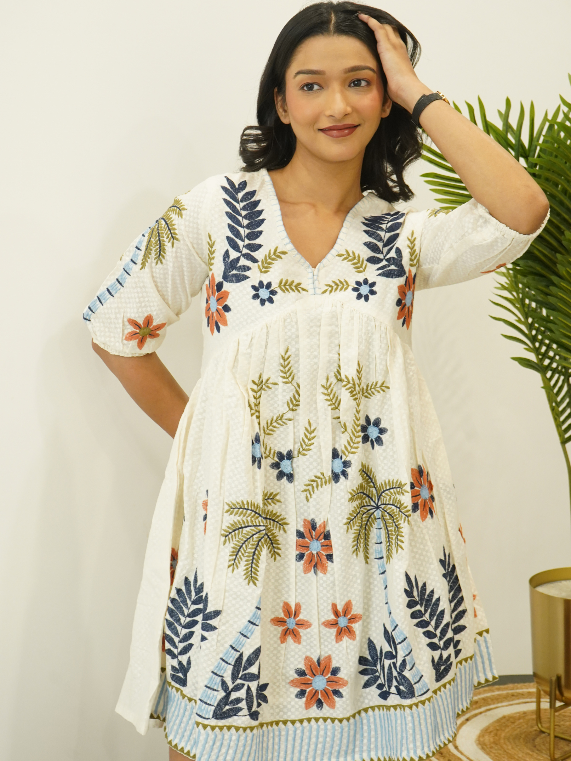 Floral & Palm Motif A-Line Embroidered Cotton Dress