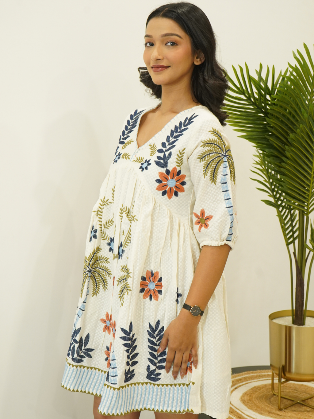 Floral & Palm Motif A-Line Embroidered Cotton Dress
