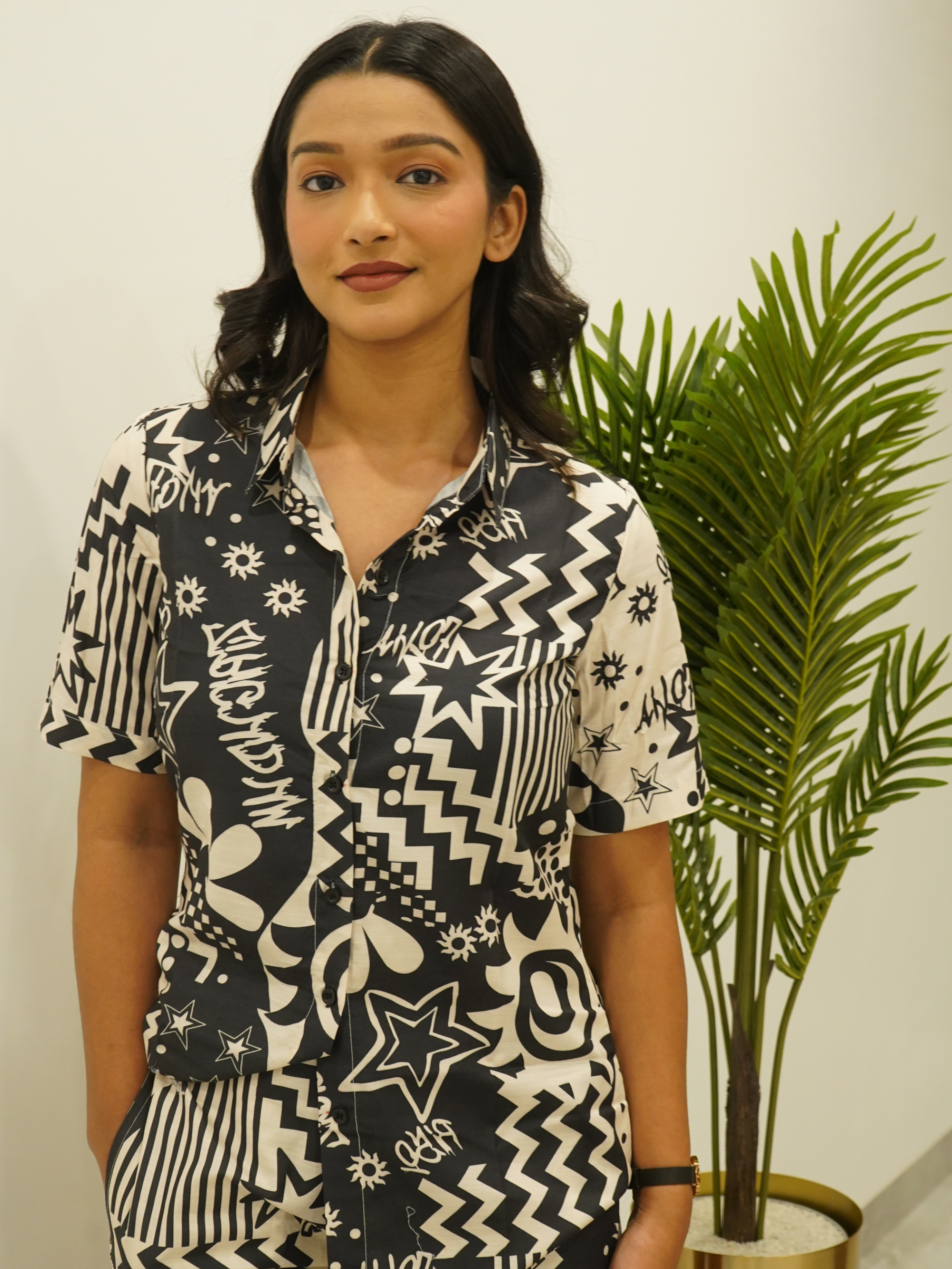 Monochrome Doodle Beach Cotton Co-ord Set (Shirt-Short Set)