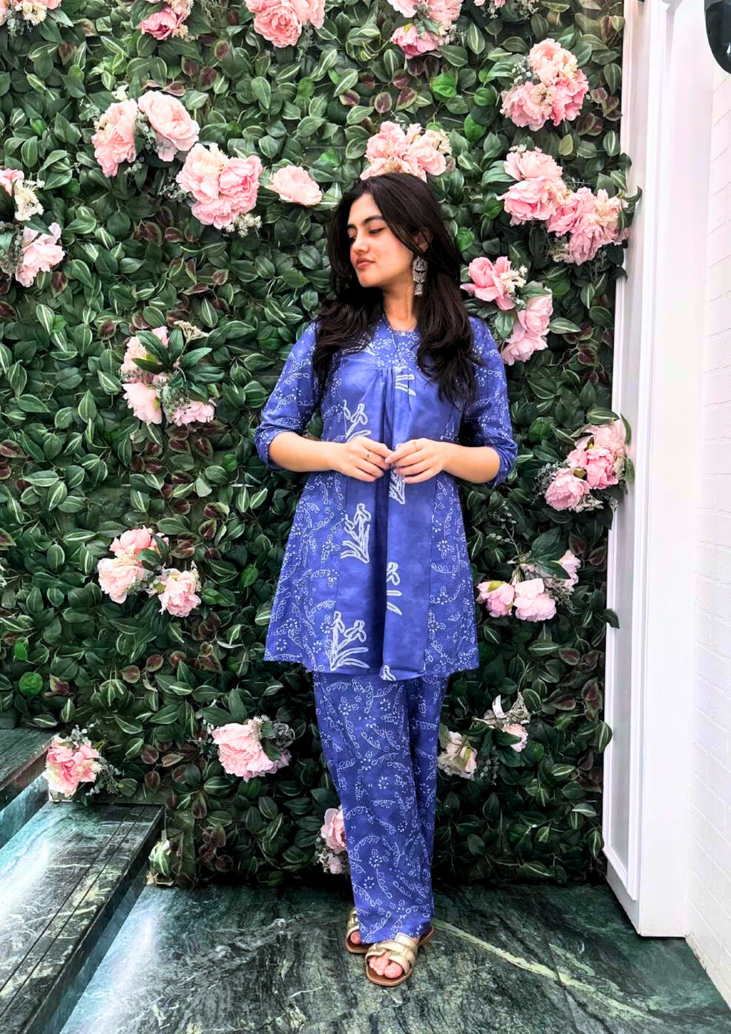 Indigo Blue Floral Hand Block Print Anarkali Co-ord Set