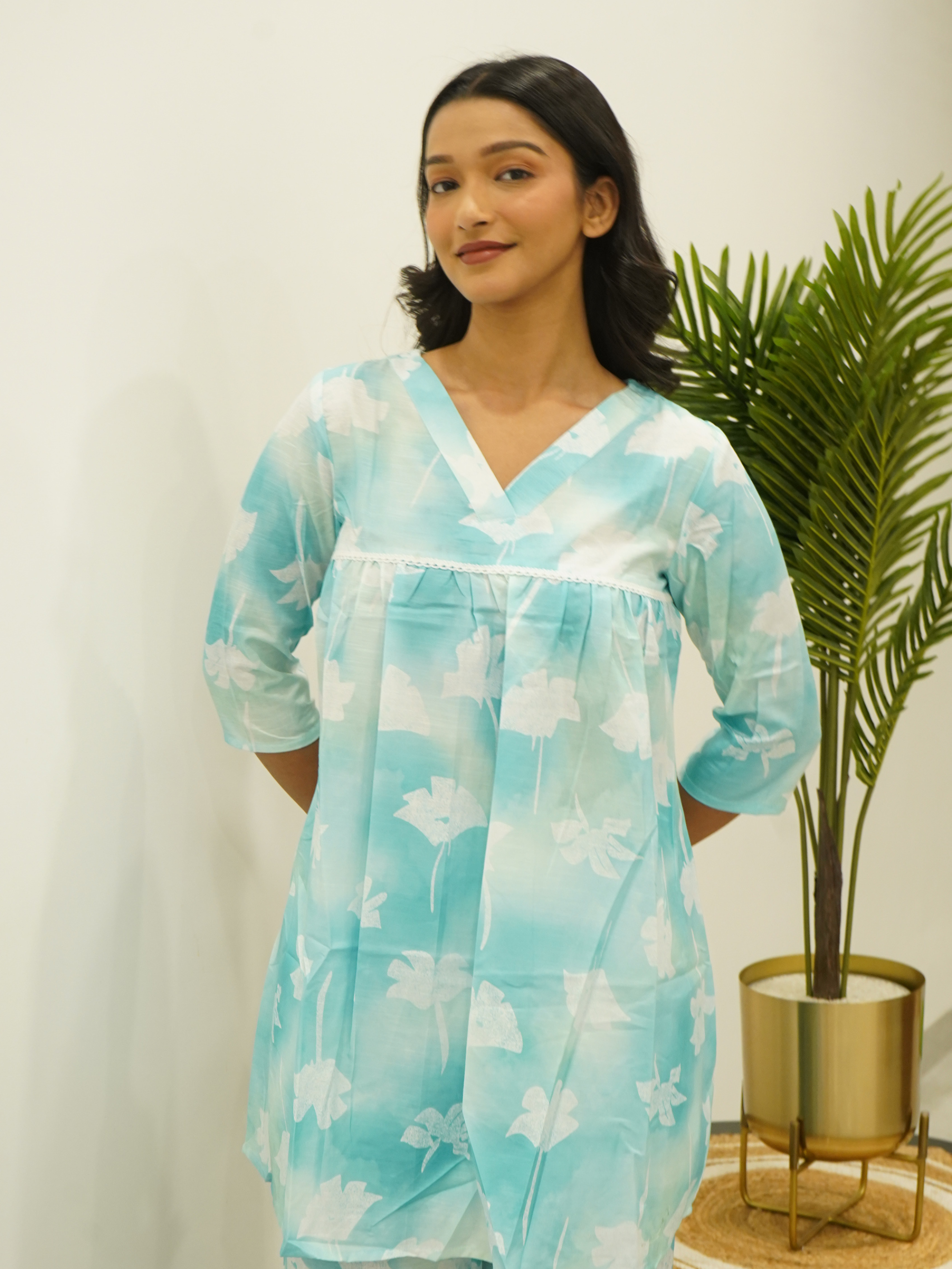 Turquoise Floral Tie-Dye Kurta Set
