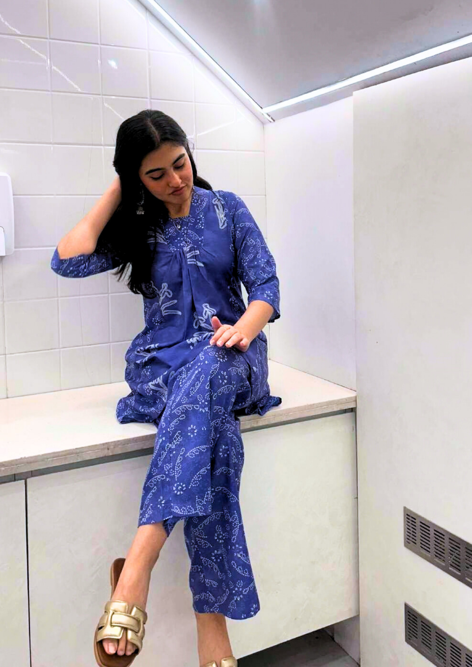 Indigo Blue Floral Hand Block Print Anarkali Co-ord Set
