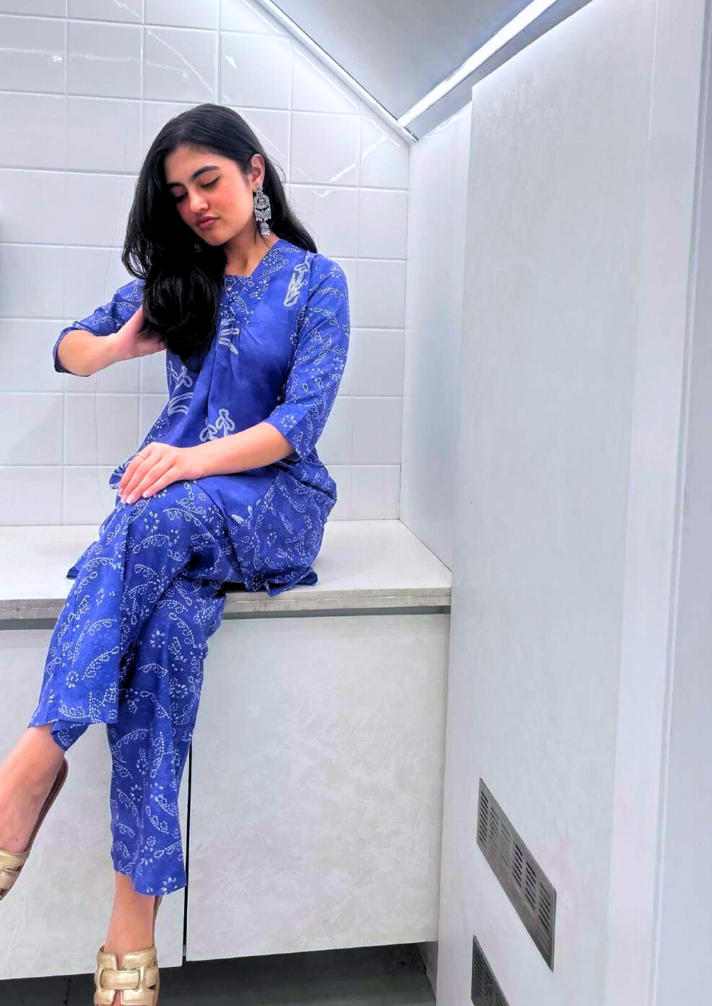 Indigo Blue Floral Hand Block Print Anarkali Co-ord Set