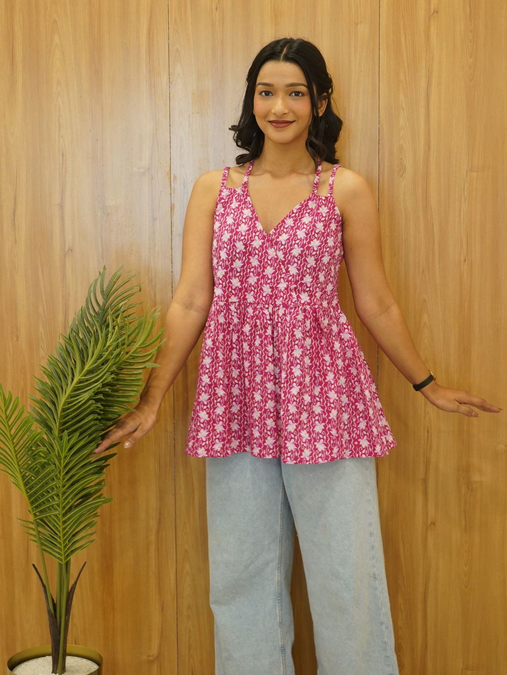 Pink Floral Print Cotton Sleeveless Top