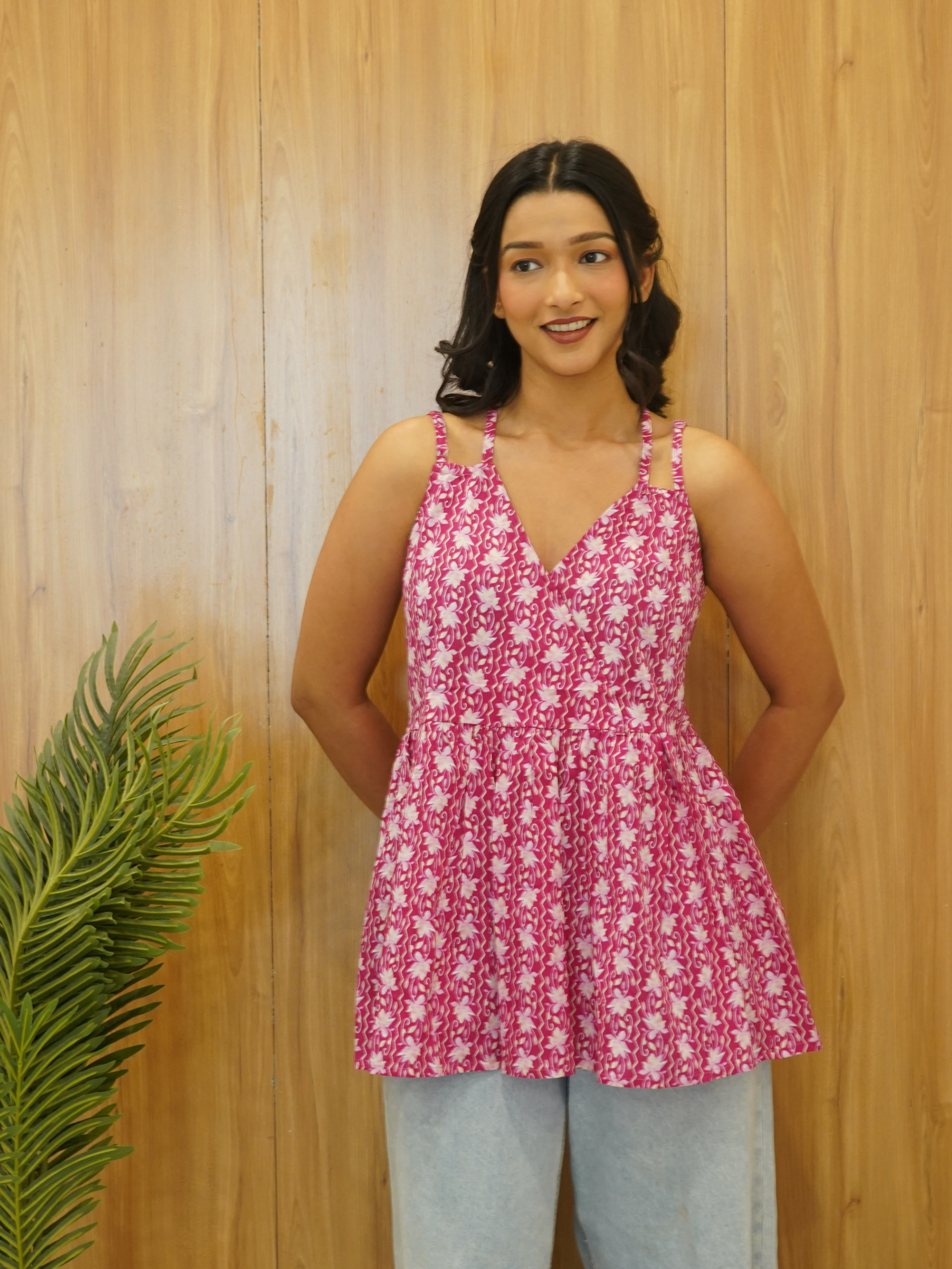 Pink Floral Print Cotton Sleeveless Top
