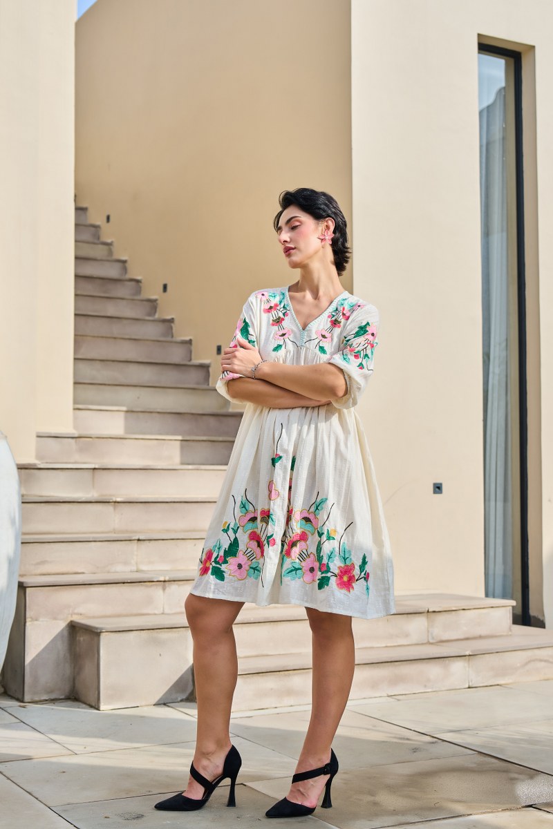 Ivory Embroidered V-Neck Floral Cotton Dress
