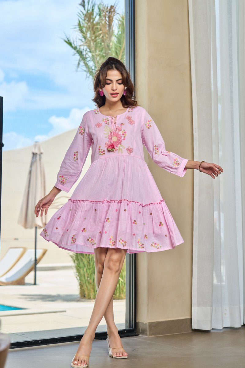 Blush Floral Bloom Tassel-Tie Embroidered Cotton Dress