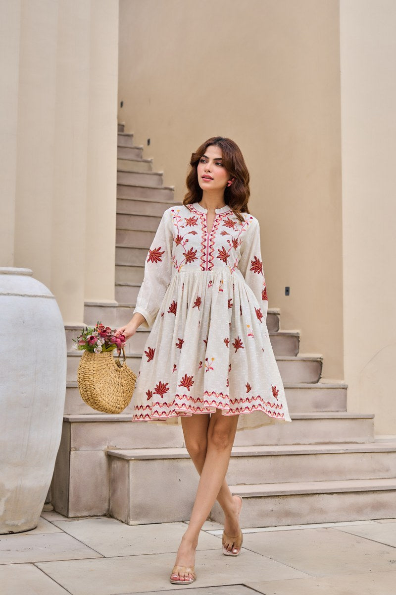 Traditional Floral Booti & Border Embroidered Cotton Dress