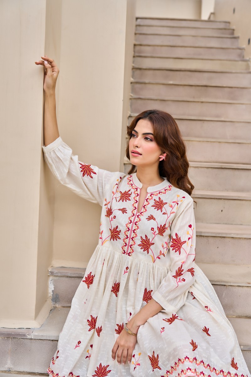 Traditional Floral Booti & Border Embroidered Cotton Dress