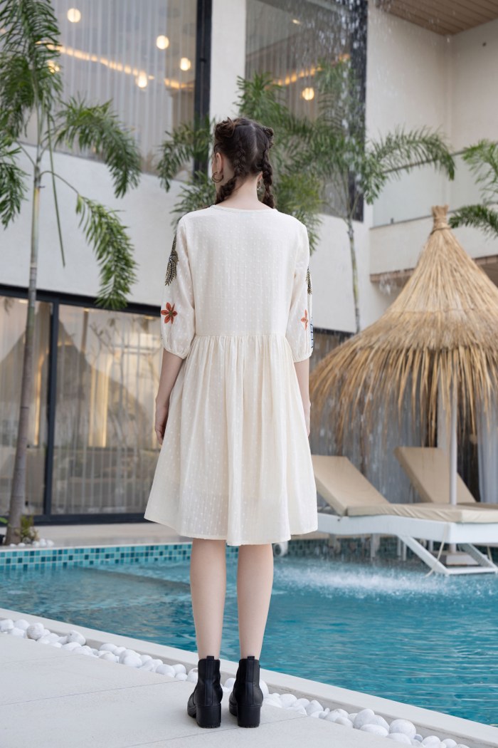 Floral & Palm Motif A-Line Embroidered Cotton Dress