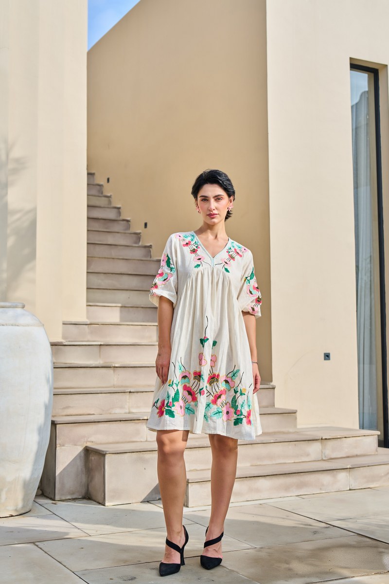 Ivory Embroidered V-Neck Floral Cotton Dress