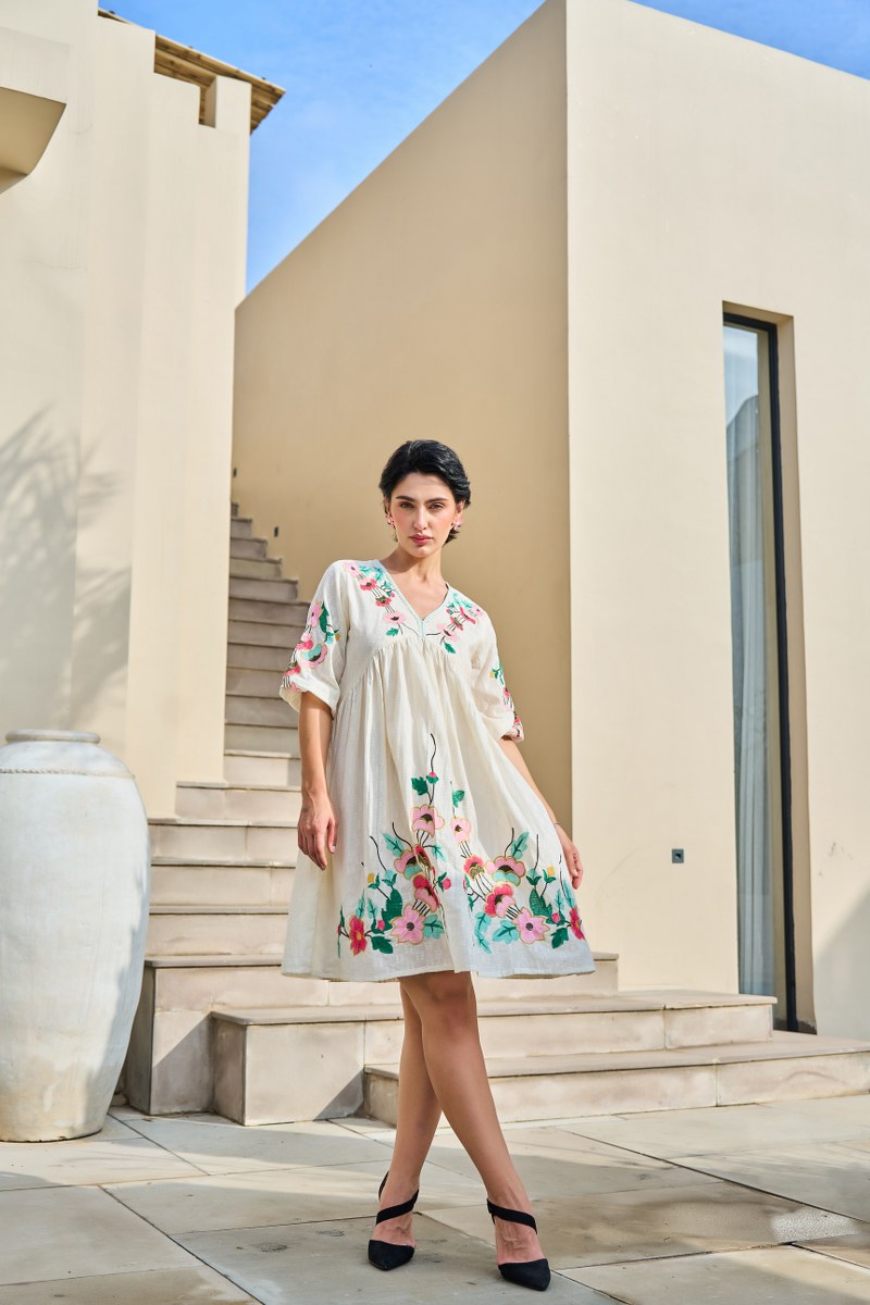 Ivory Embroidered V-Neck Floral Cotton Dress