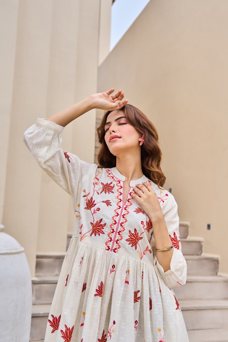 Traditional Floral Booti & Border Embroidered Cotton Dress