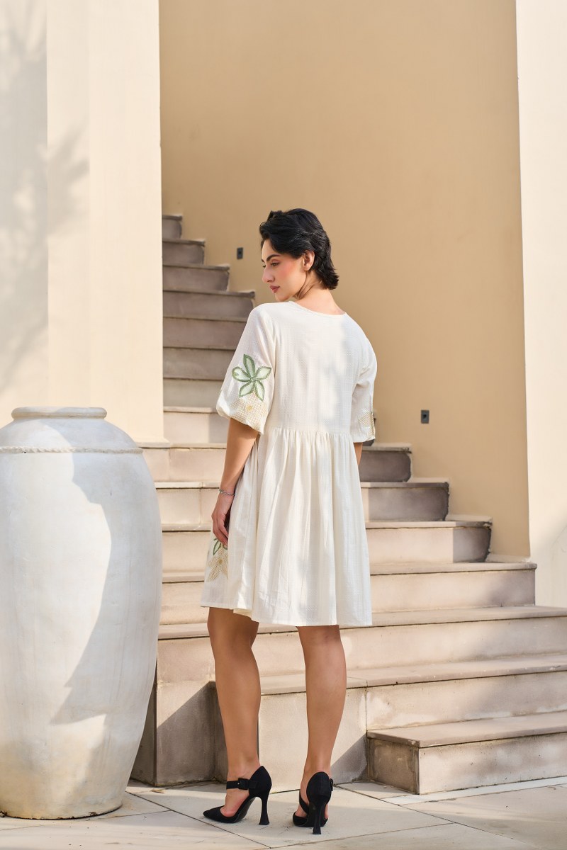 Off-White Floral Embroidered Cotton Dress
