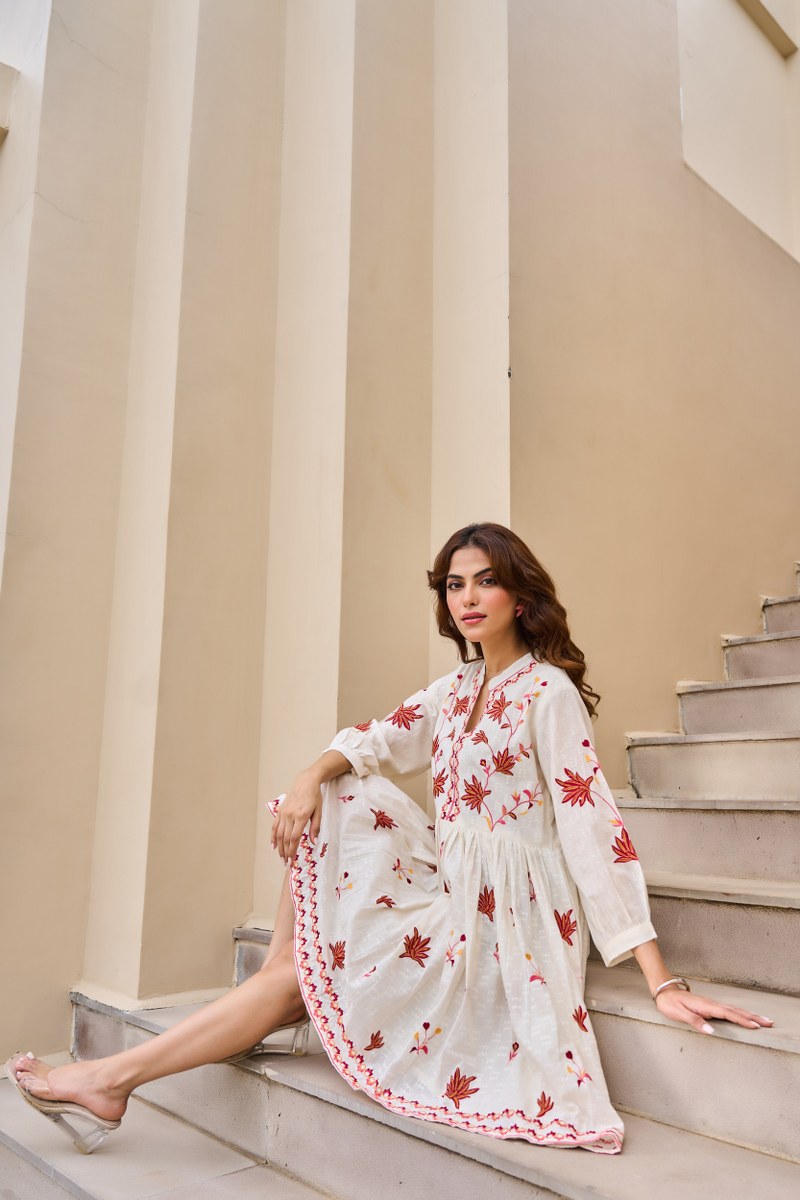 Traditional Floral Booti & Border Embroidered Cotton Dress
