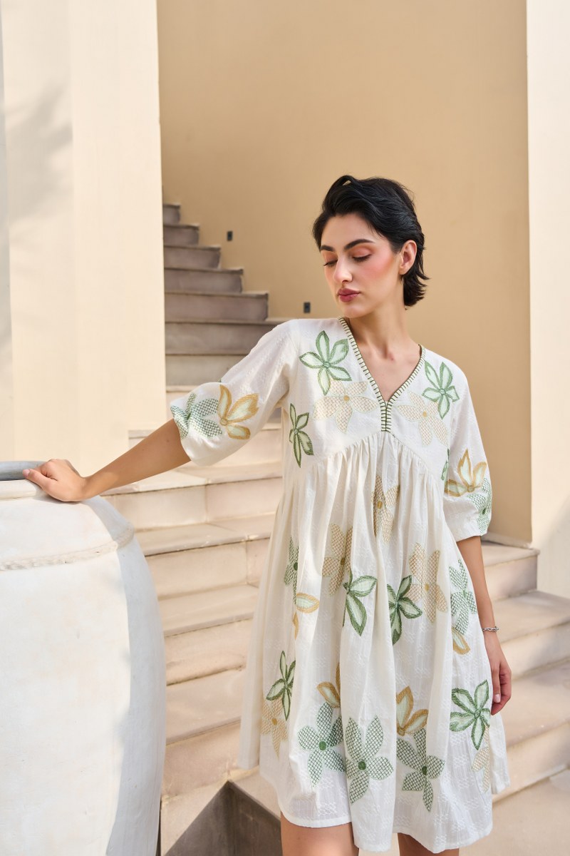 Off-White Floral Embroidered Cotton Dress