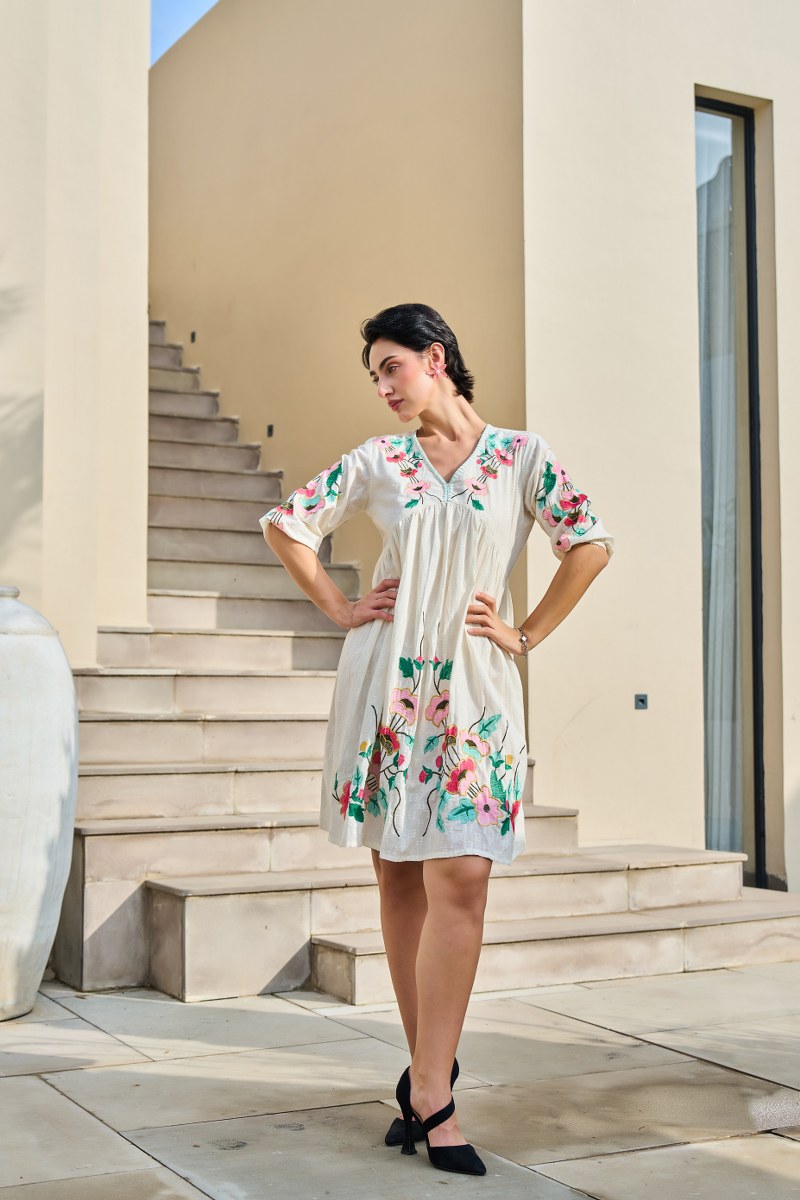 Ivory Embroidered V-Neck Floral Cotton Dress