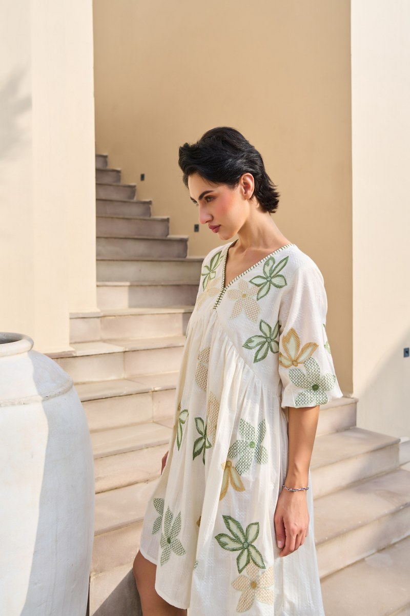 Off-White Floral Embroidered Cotton Dress