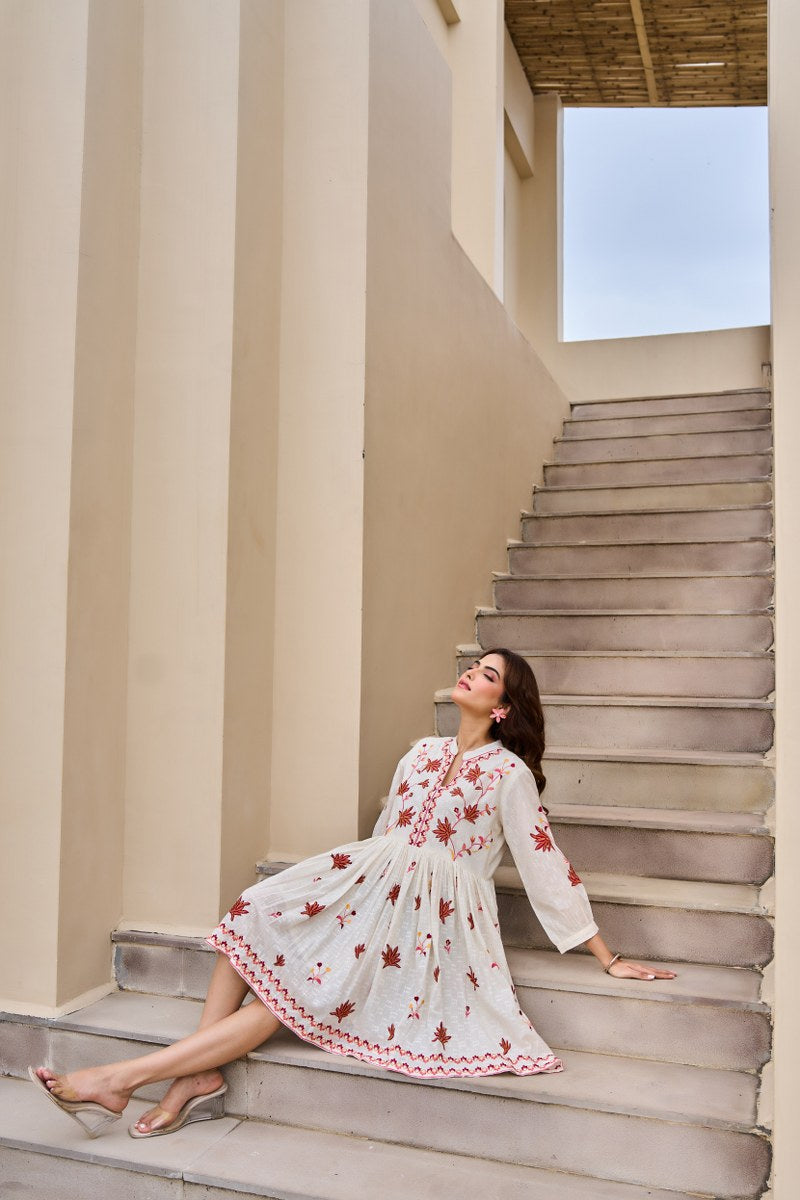 Traditional Floral Booti & Border Embroidered Cotton Dress