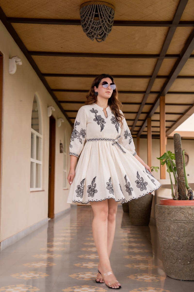 Cream & Black Floral Embroidered Midi Dress with Belt