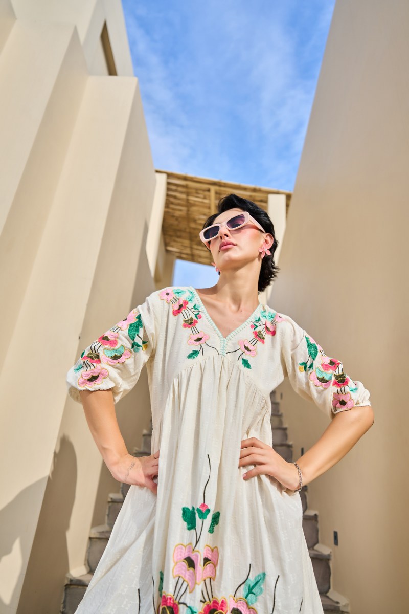 Ivory Embroidered V-Neck Floral Cotton Dress