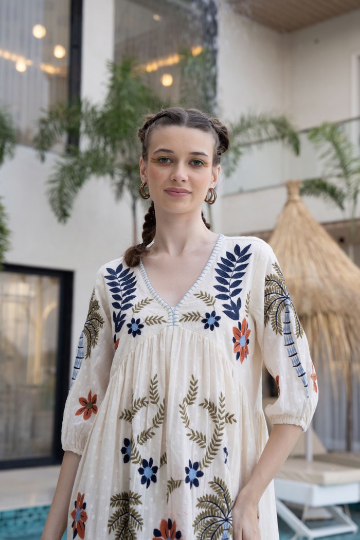 Floral & Palm Motif A-Line Embroidered Cotton Dress