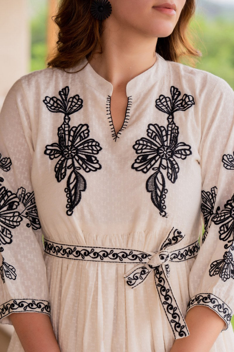Cream & Black Floral Embroidered Midi Dress with Belt
