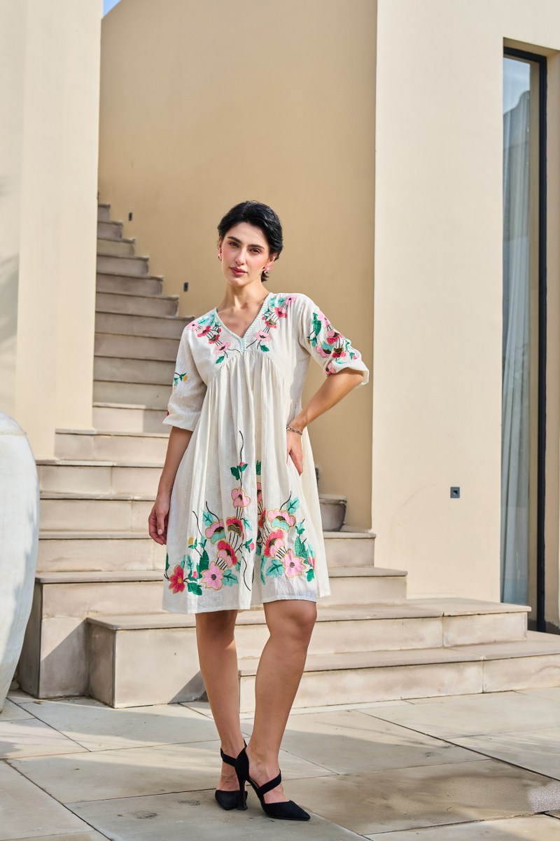 Ivory Embroidered V-Neck Floral Cotton Dress