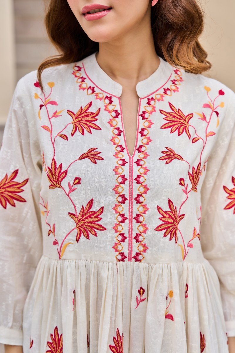 Traditional Floral Booti & Border Embroidered Cotton Dress