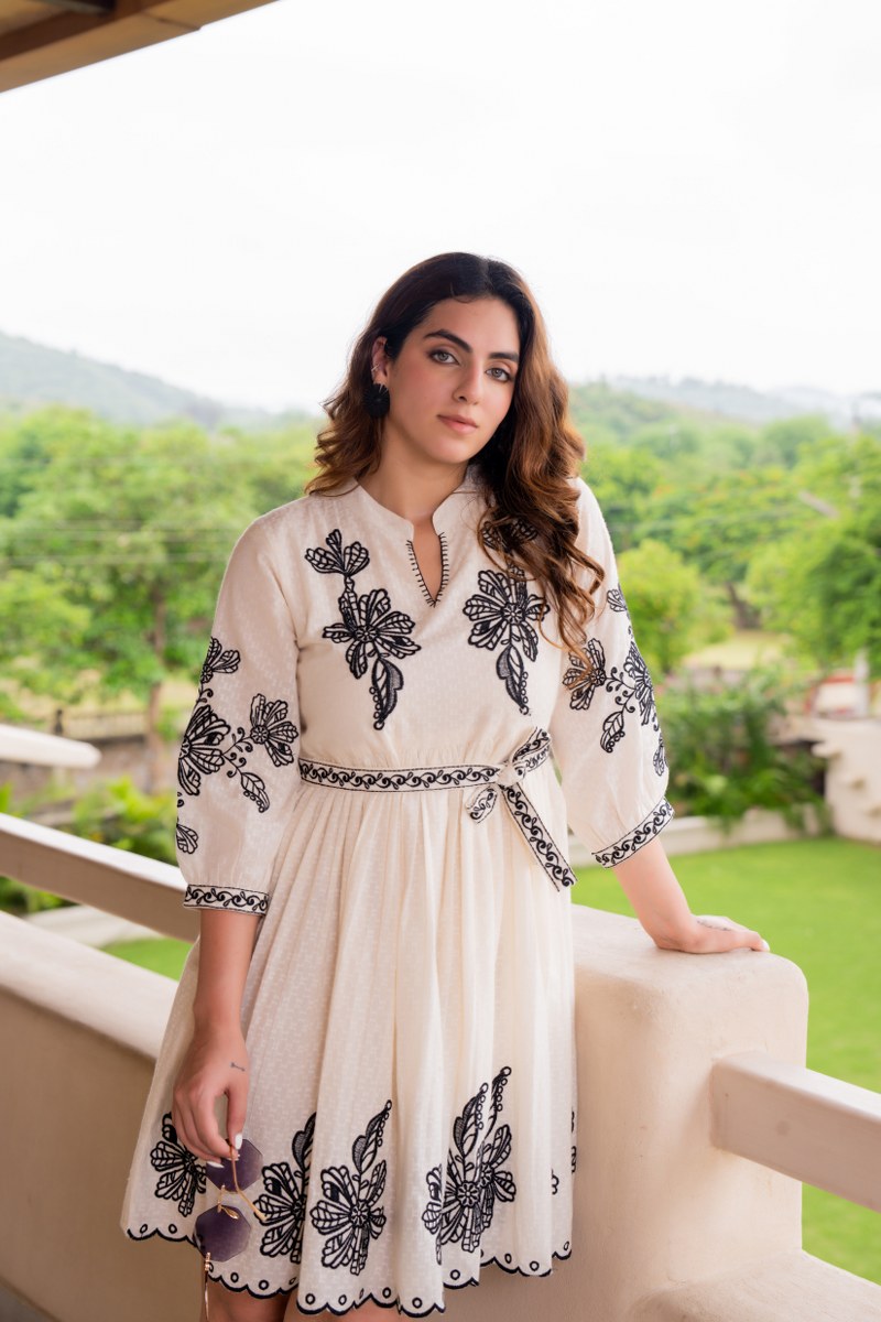 Cream & Black Floral Embroidered Midi Dress with Belt