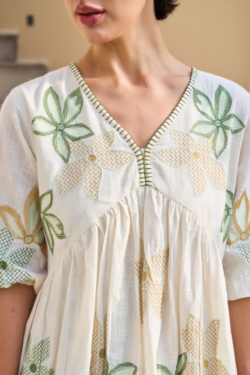 Off-White Floral Embroidered Cotton Dress