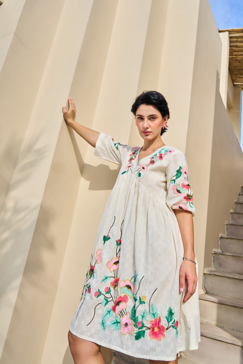 Ivory Embroidered V-Neck Floral Cotton Dress