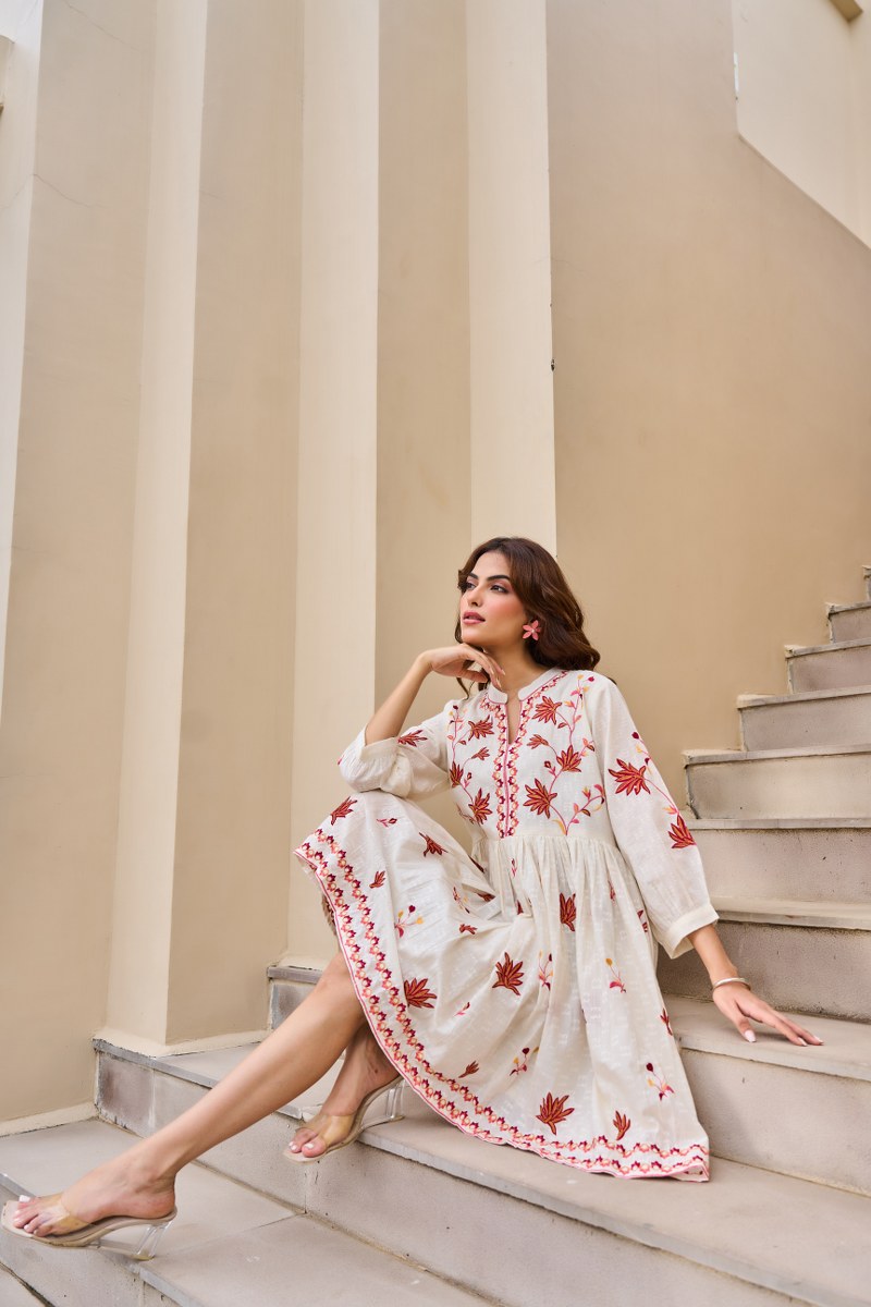 Traditional Floral Booti & Border Embroidered Cotton Dress