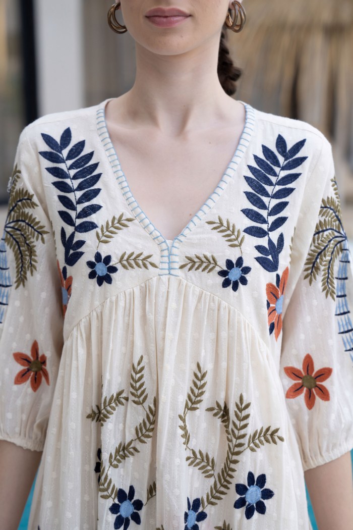 Floral & Palm Motif A-Line Embroidered Cotton Dress