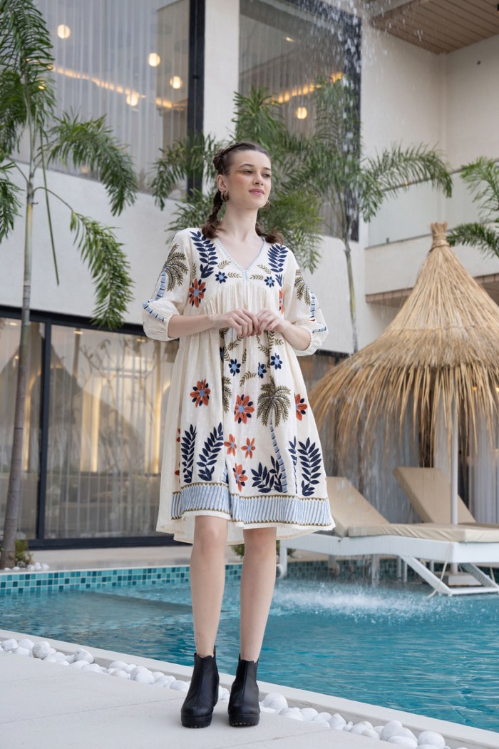 Floral & Palm Motif A-Line Embroidered Cotton Dress