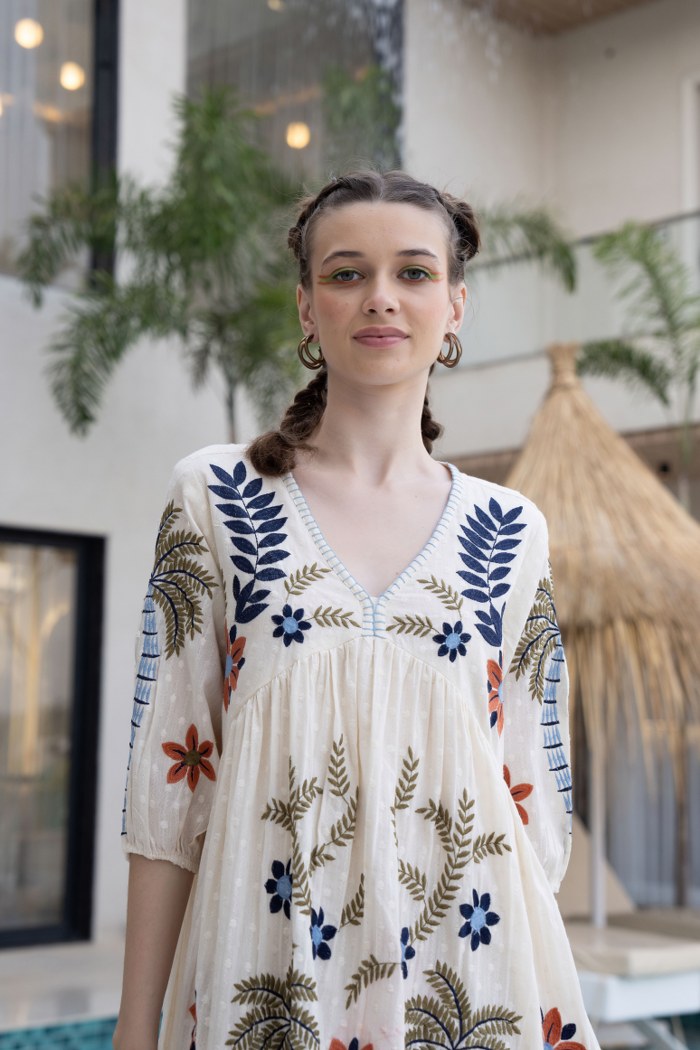 Floral & Palm Motif A-Line Embroidered Cotton Dress