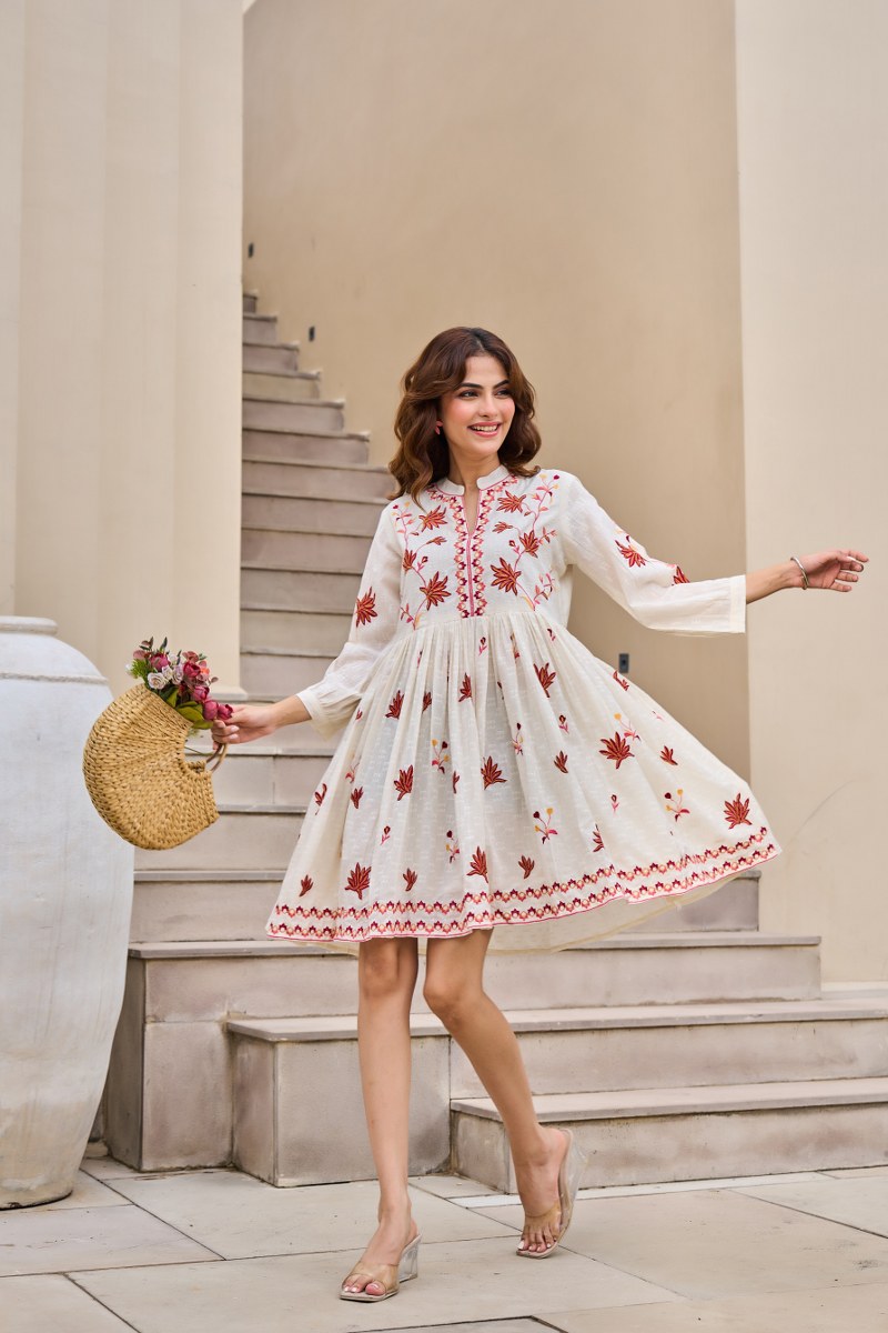 Traditional Floral Booti & Border Embroidered Cotton Dress