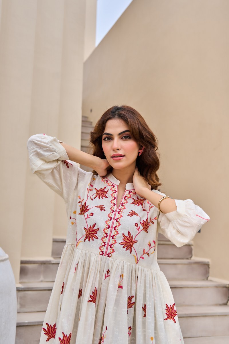 Traditional Floral Booti & Border Embroidered Cotton Dress