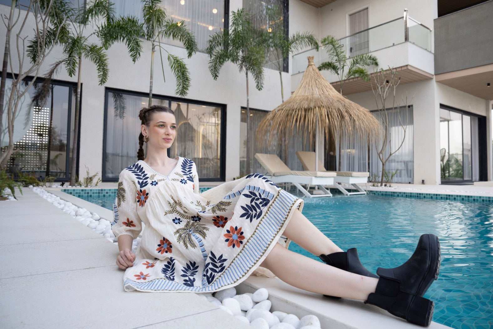 Floral & Palm Motif A-Line Embroidered Cotton Dress