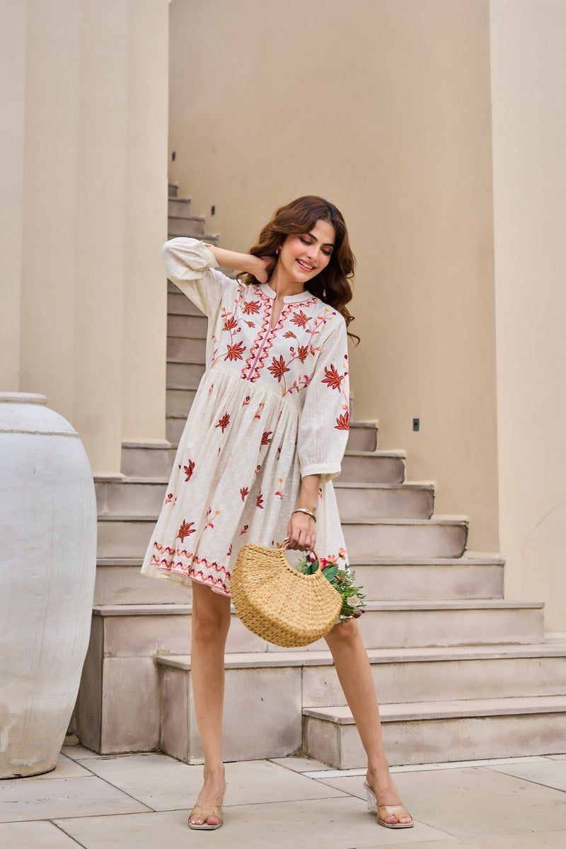 Traditional Floral Booti & Border Embroidered Cotton Dress
