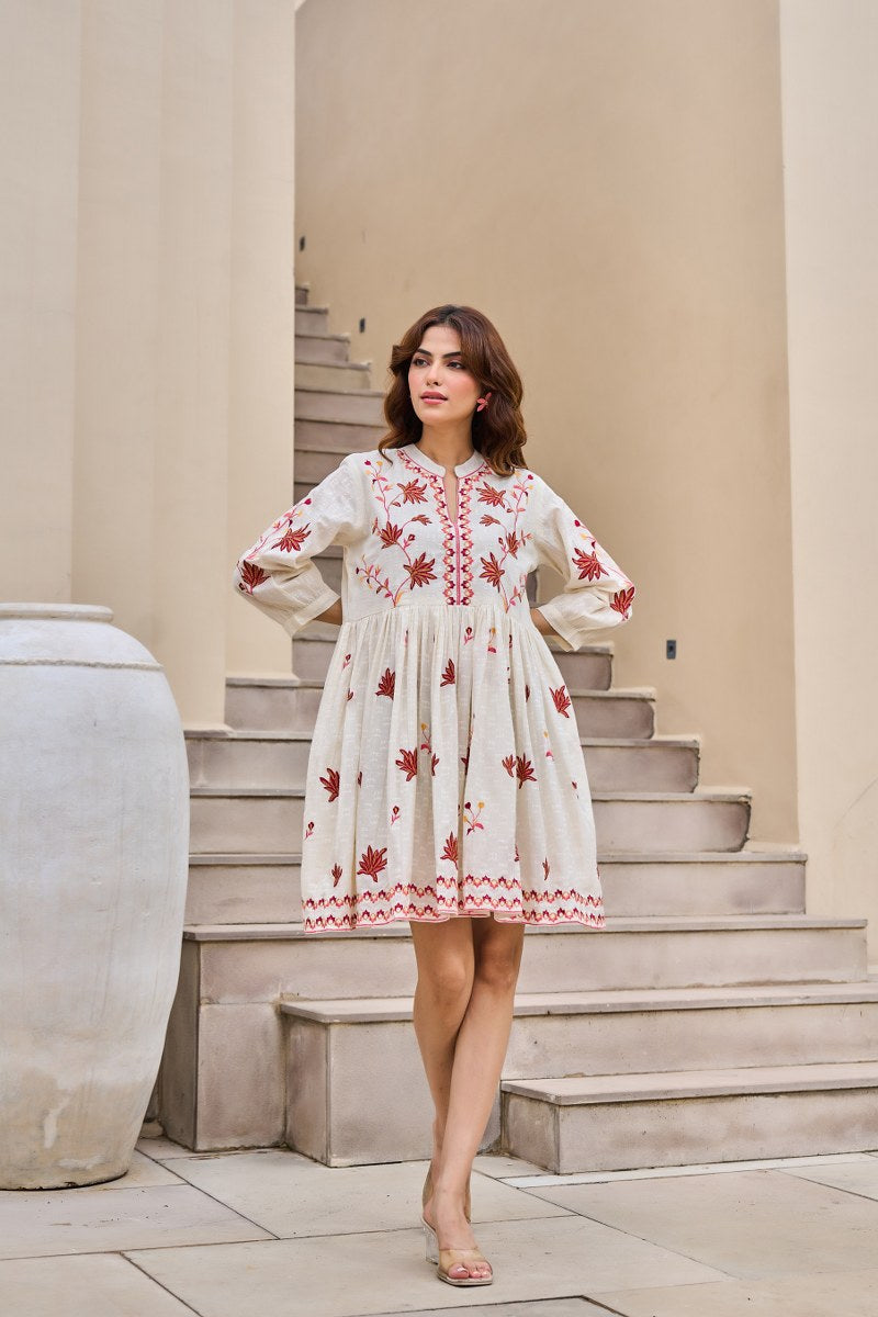 Traditional Floral Booti & Border Embroidered Cotton Dress