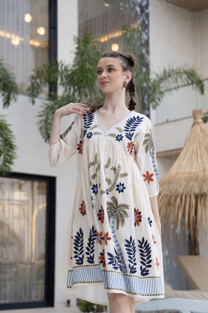 Floral & Palm Motif A-Line Embroidered Cotton Dress
