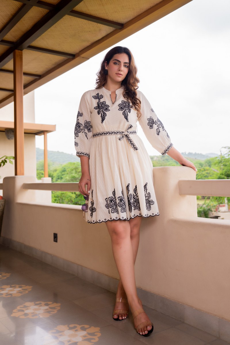 Cream & Black Floral Embroidered Midi Dress with Belt