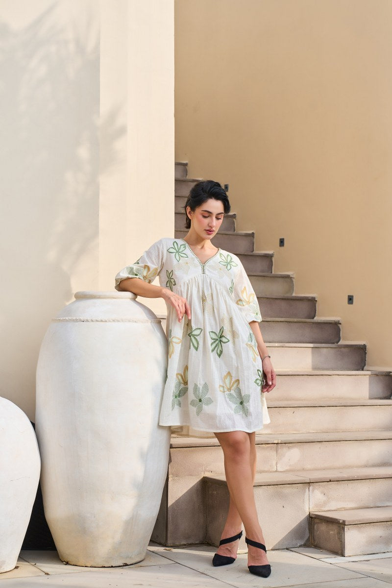Off-White Floral Embroidered Cotton Dress