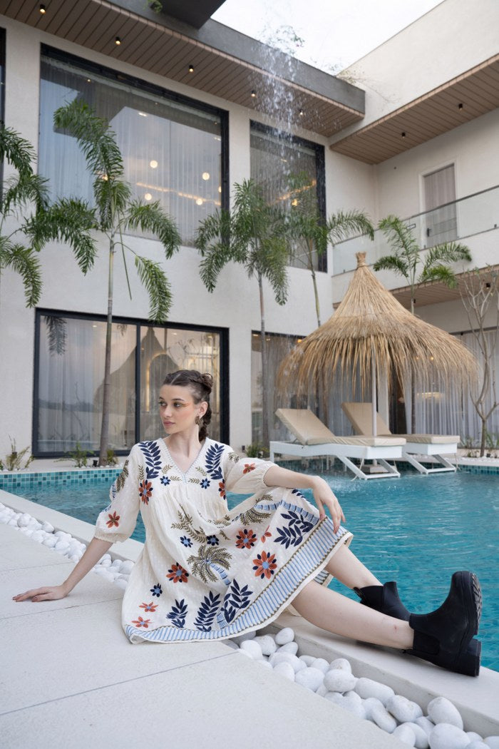 Floral & Palm Motif A-Line Embroidered Cotton Dress