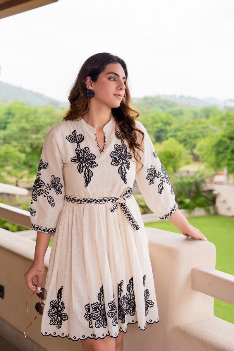 Cream & Black Floral Embroidered Midi Dress with Belt