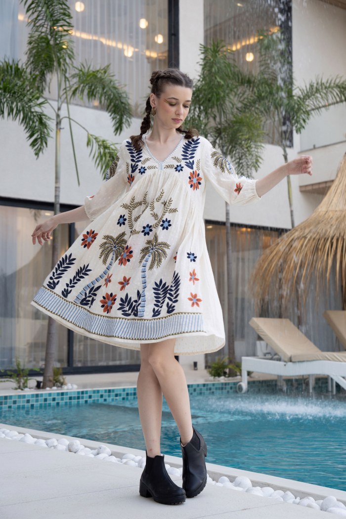 Floral & Palm Motif A-Line Embroidered Cotton Dress