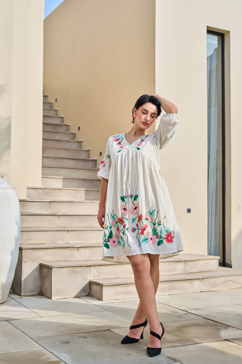 Ivory Embroidered V-Neck Floral Cotton Dress